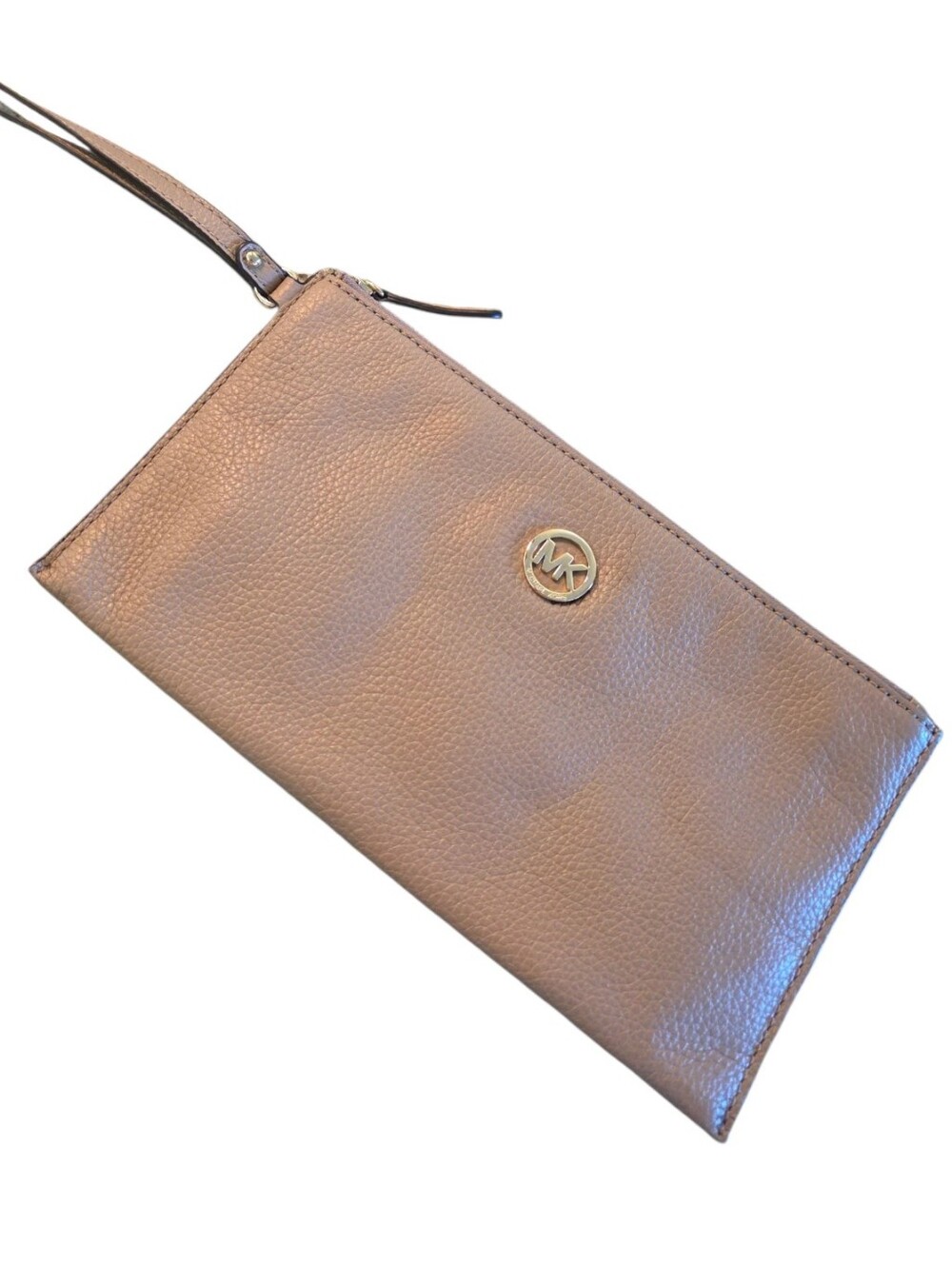 Michael Kors Beige/Tan Pebbled Leather Wristlet Clutch with Gold Logo